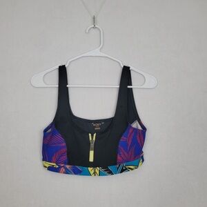Roxy Black Sports Bra Yellow zipper on front Large tropical print
